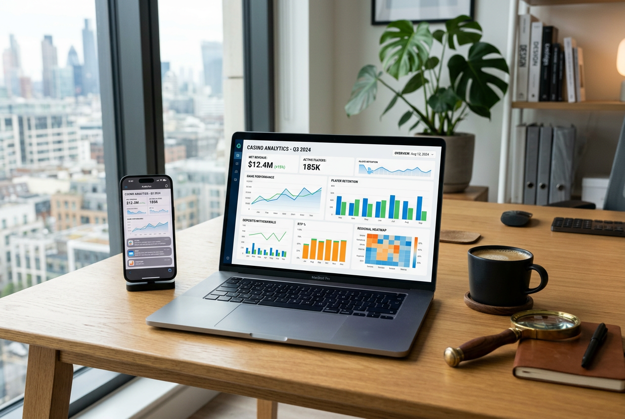 Professional desk with digital tools for casino review